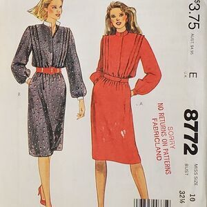 Vintage 80s McCalls Pattern 8772 Career Dress Pleated Bodice Belted Sz 10 Uncut